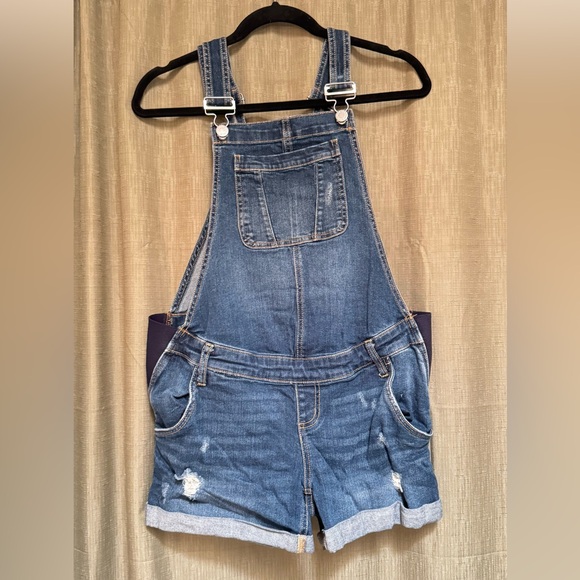 Pants - Denim Maternity Overalls with Distressed Details